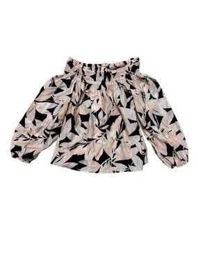 H&M Off Shoulder Blouse Small Boho Peasant Top Beige Black Print